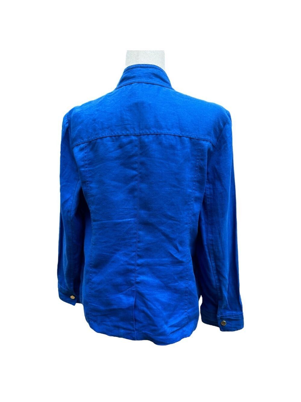 Chico’s 100% Linen Blue Utility Jacket Size 1 (M) Gold Zip Pocket Detail Classic - Picture 6 of 12